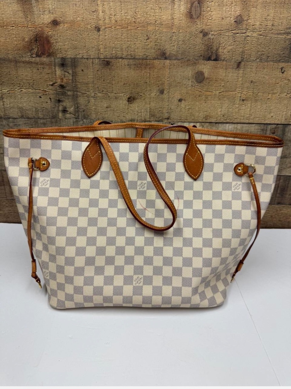Louis Vuitton Cream Checkered Tote with Brown Trim